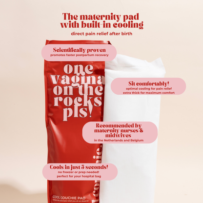 A package of Cool Couchie maternity pads shown upright against a light beige background, with overlaid marketing text callouts describing cooling and comfort benefits.